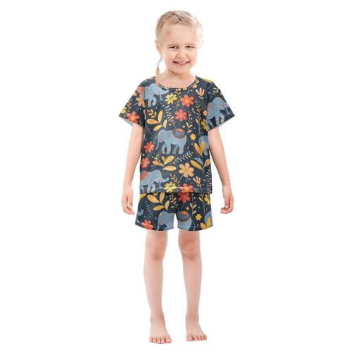 ALAZA Elephant Flower Floral Print Pajamas Short Sleeve 2 Piece Sleepwear Top and Bottom Pajama Set Unisex3