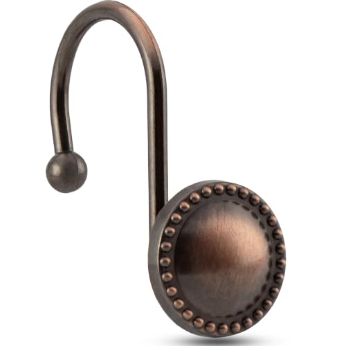 PSPFTN 12-Pack Metal Shower Curtain Hooks Heavy Duty Rust-Resistant Decorative Rings Circular Design Easy Glide Bathroom Hangers (Antique Bronze)