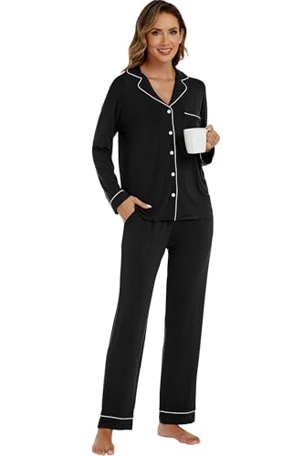 Image of LUBOT Womens Bamboo Viscose Pajamas for Women 2 Piece PJ Set Ultra Buttery Soft Cooling Button Long Sleeve Sleepwear S-XXL