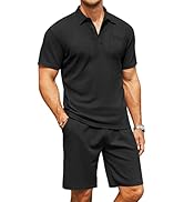 COOFANDY Men's Waffle Knit Polo Shirt and Shorts Set 2 Pieces Outfits Summer Suit Casual Tracksui...