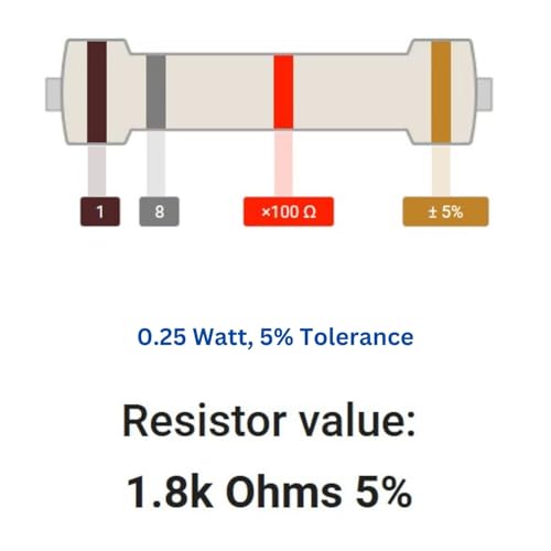 Image of 1.8k Ohm Resistor 1 /4W 5% Tolerance, Pack of 100 (1.8k Ohm)