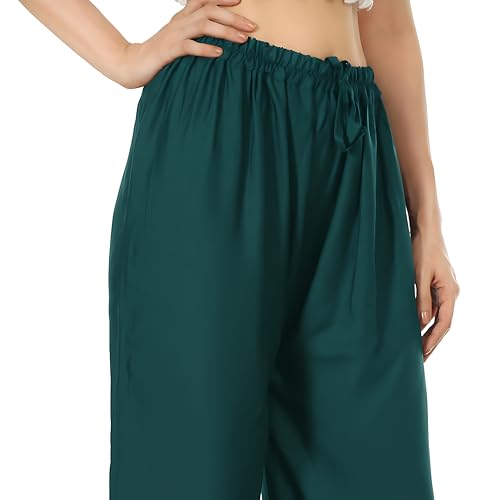 Image of Women's Rayon Palazzo Pants | Solid Color Wide Leg Trousers in 18 Shades | Elastic Waist Casual Bottoms XS-7XL | Comfortable