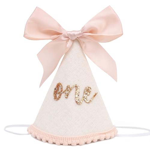 Jissoo 1st Birthday Hat With Bow - Sweet One Birthday Party Decorations,Glitter Number Cone Hat Photo Props,Little Princess Pink Bow Party Hat,First Cake Smash (one)