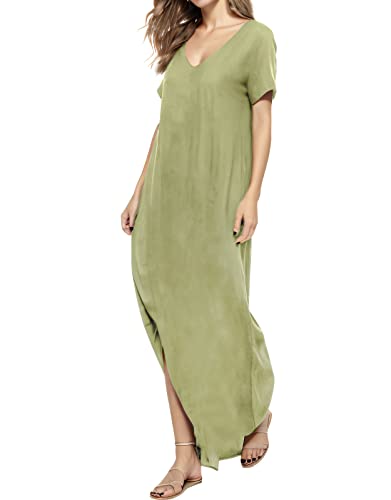 Image of Match Women's V-Neck Casual Loose Short Sleeve Long T-Shirt Dress Split Maxi Dress with Side Pocket