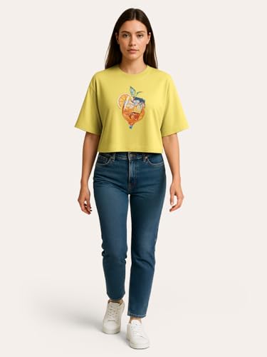 Image of HELLCAT Beige Printed Loose Fit Crew-Neck Crop T-Shirt for Women