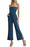 GRACE KARIN Womens Strapless Tube Top Side Slit Ruched Pockets Loose Long Pants Jumpsuit Beachwear Blue M