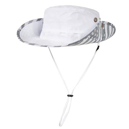 Comhats UPF 50 Sun Hats Wide Brim Summer Safari Hat Fishing Hiking Boonie Hats for Men Waterproof Cooling American Flag White Large XL XXL Oversized