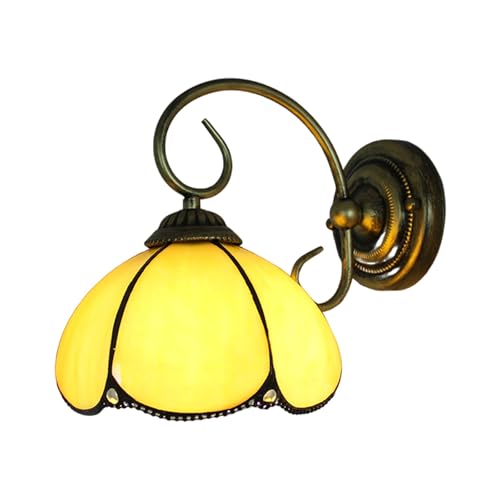 Image of 8 inch Vintage Stained Glass Wall Sconce Yellow Bending Shade Simple Wall Mounted Lamps for Bedroom Over Bed Hardwired Bathroom Lights Over Mirror Fixture with Plug Cord Switch Flower Design