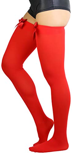 Image of ToBeInStyle Women's Opaque Long Thigh High Stockings w /Decorative Front Satin Bow