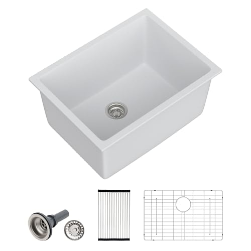 Dcolora 24 Inch White Undermount Deep Laundry Sink Single Bowl Laundry Utility Room Sink Granite Composite,#DC-0002GWL