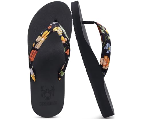 KuaiLu Flip Flops Damen Weich Stoff Zehentrenner Frauen Bade Sandalen Bequeme Füße Badelatschen Yoga Matte Fussbett Sommer Strand Zehensandalen Rutschfest Gummi Indoor Outdoor Floral Schwarz 41
