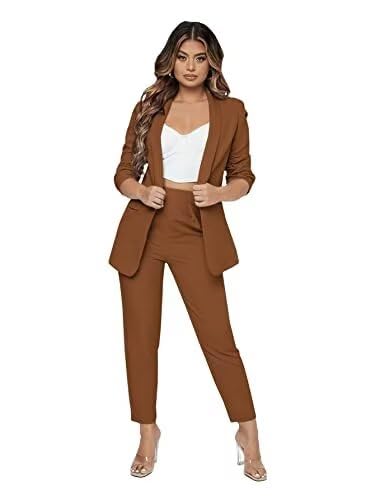 Womens 2-Piece Solid Business Office Suit Set - Ruched Sleeve Blazer Pants