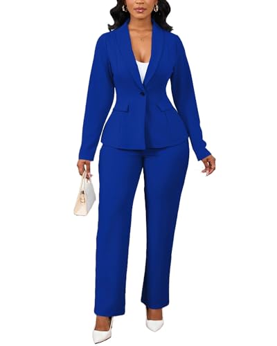 Business 2 Piece Pant Suits for Women Dressy Blazer Straight Leg Pantsuit Set Formal Office Work Outfits Royal Blue S
