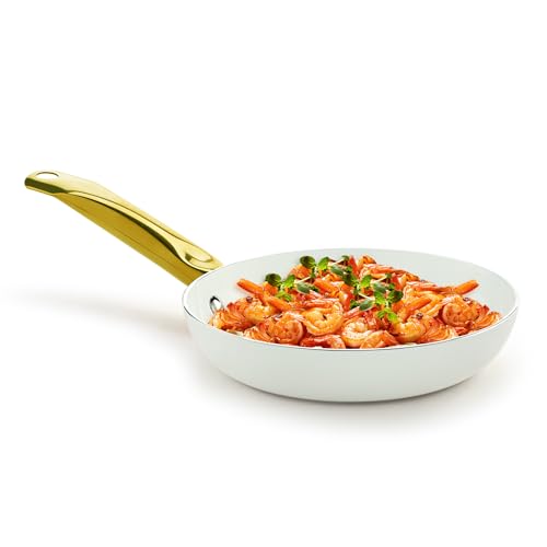 Image of Holstein Housewares 10-Inch Ceramic Nonstick Frying Pan Skillet - Elegant White and Gold Color Handle - Golden Elegance for Every Kitchen