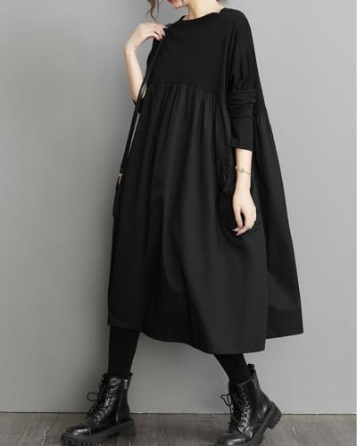 ellazhu Women's Casual Patchwork Solid Crew Neck Pullover Dress with Pockets GZ26 A3