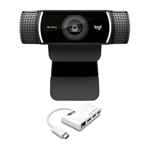 Logitech C922 Pro Stream 1080p Webcam Bundle with Tripp Lite 3-Port USB-C to USB-A Portable Hub w/Gigabit Ethernet Port (2 Items)