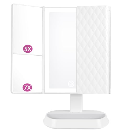 Auxmir Specchio Trucco con Luci 60 LED, Specchio Ingranditore Pieghevole 7X/5X/1X, Luminosità Regolabile, 3 Colori, Interruttore a Tocco, Rotazione 90°, Ideale per Trucco, Rasatura e Lenti Contatto