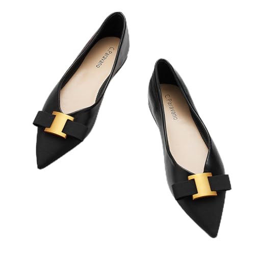 C. Paravano Women's Flats - Pointed Toe Ballet Flats for Women | Slip-On Work Flats with Bow, Comfortable Elegant Shoes for Office, Casual Daily Wear(Size 6,Black Metal)