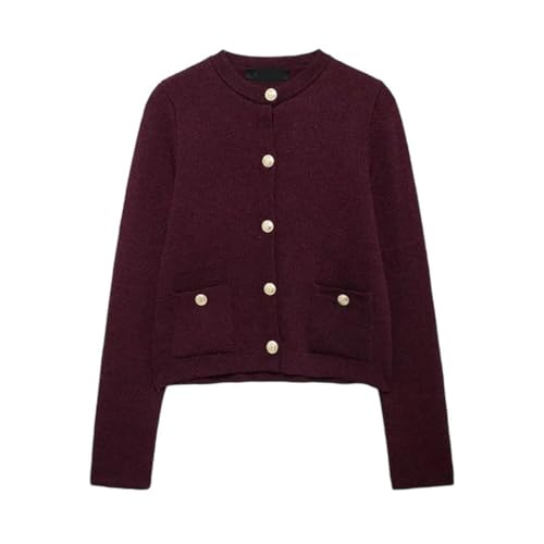 Women's Knitted Top Wine Red O Neck Long Sleeve Pocket Single Breasted Cardigan Coat