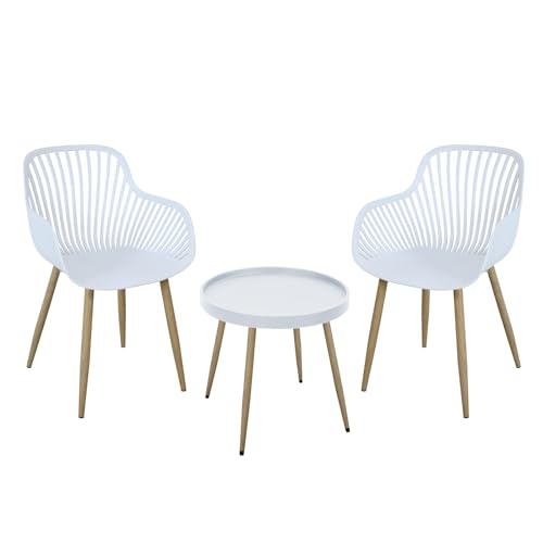 SVITA Philly Sitzgruppe Outdoor rund Gartenmöbel Balkonmöbel Set 3 teilig Weiß/Holzoptik