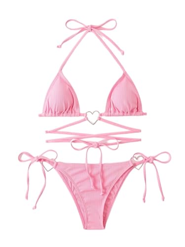 Milumia Women Two Piece Heart Ring Linked Bikini Set Lace Up Tie Halter Swimsuit