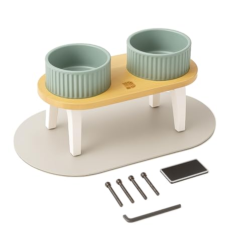 BELMIN Comedero Perro Elevado y Bebedero Perro – Cuencos de Cerámica Resistente – Altura Regulable en 2 Niveles – Base de Bambú Natural – Alfombrilla Antideslizante – Ideal para Perros y Gatos