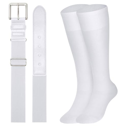 XZQTIVE Baseball Softball Socks and Baseball Softball Belt Combo Set Knee-High Soccer Socks for Kids Youth Adult White