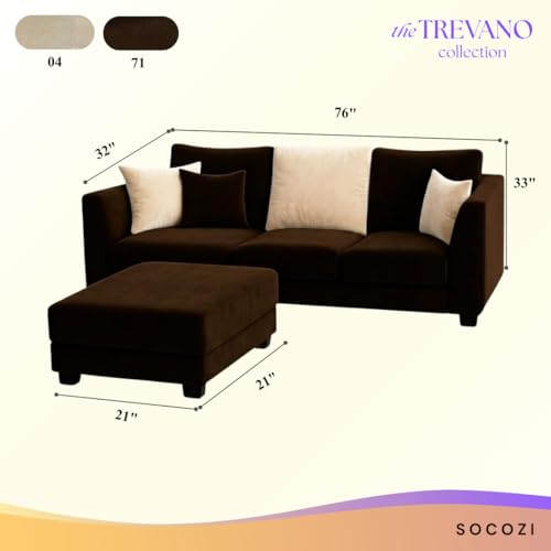 Image of SOCOZI Evanto 4 Seater L Shape Sofa Set with Movable Ottoman | Flexible Left or Right Layout | Soft Velvet Suede Fabric | Modern Design | Plush Comfort Cushions for Living Room (Dark Brown-Cream)