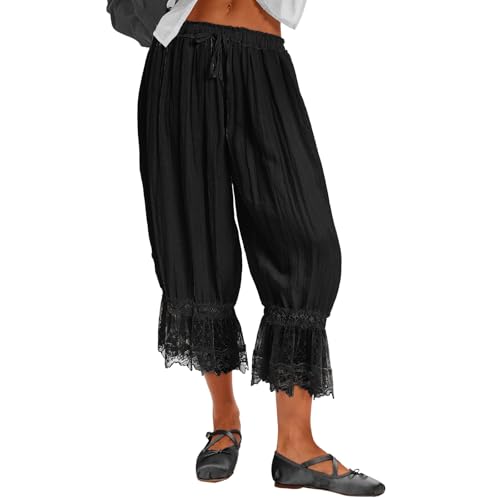 TURVAND Ruffle Long Bloomers for Women Cropped Flared Capri Pants Lace Trim Pettipants Pantaloons Wide Leg Pajama Bottoms Y2K Black