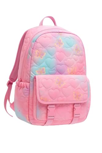 Mochila Feminina de Poliéster Estampada Borboleta Colorida 43x28cm com Zíper Duplo Ideal para Escola Faculdade Uso Diário Jovens Leve Reforçada Estilo Casual Moderno (Rosa)
