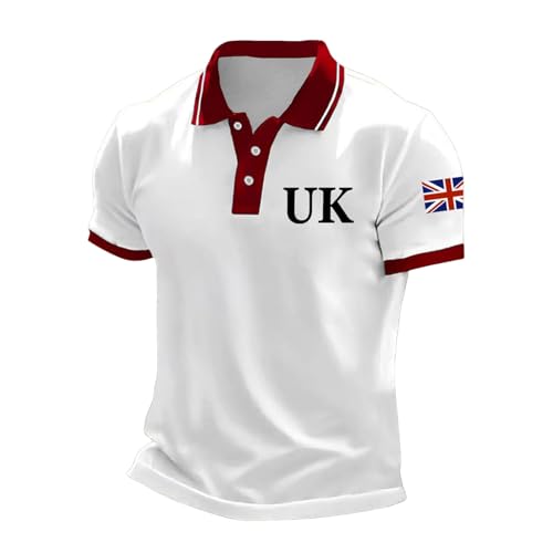 Image of Men's Union Jack Polo Shirt Bunting Flags Print Great Britain Short Sleeve Collared Button Down Golf Shirt Summer Regular Fit T-Shirt Holiday Clothes for Men UK Plus Size (B1-White, XL)