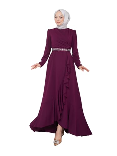 Hijab Evening Dress with Flounce Skirt and Stone Belt 2497