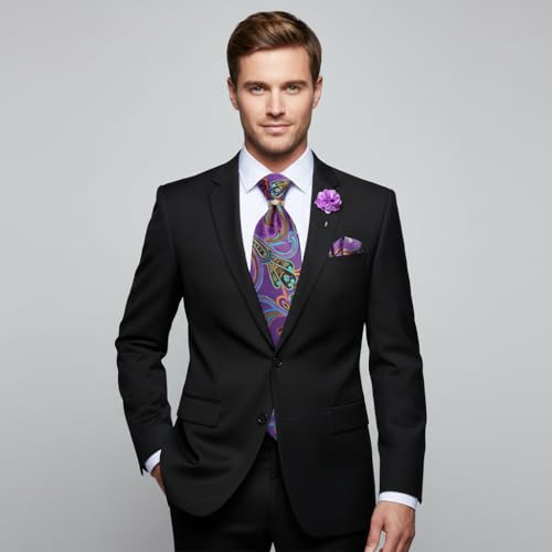 Image of 5PCS Tie and Pocket Square for Men, Silk Necktie and Handkerchief Cufflinks with Gold Ring and Lapel Pin Set