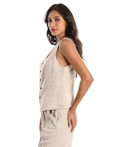 Womens Pure Linen Sleeveless Button Down Geometric Cropped Vest V Neck Waistcoat Vest3