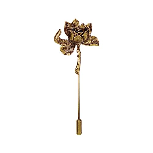 Image of Ancient Lotus Brooch Pin for Men Women Personalized Vintage Gold Silver Carved Pool Pond Flower Elegant Traditional Suit Clothes Dress Decoration Jewelry Gifts