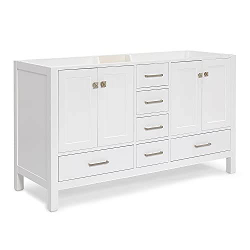 Ariel 60" Inch White Double Bathroom Vanity Base Cabinet | Single Sink Configuration | 4 Soft Closing Doors & 6 Full Extension Dovetail Drawers | Satin Nickel | Shaker Style Doors | Flat Panel Drawers #TOP1