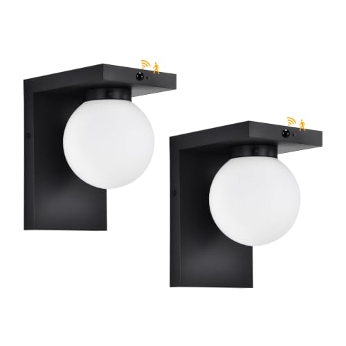 Image of LED Outdoor Wall Lights, Frosted Glass Globe Porch Light, Black Exterior Light Fixture, Motion and Photocell Sensor, 12 Watt 3000K Waterproof, Patio Front Door, Garage, Hardwired, 2 Pack