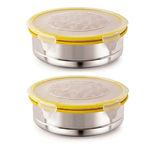 Image of Stainless Steel Airtight Round Container with Leak Proof Lid | BPA Free Food Storage Lunch Box Dabba for Office College School Home Travel | Tiffin Box (5.50 x 12 cm Size) | Pack of 2,Yellow