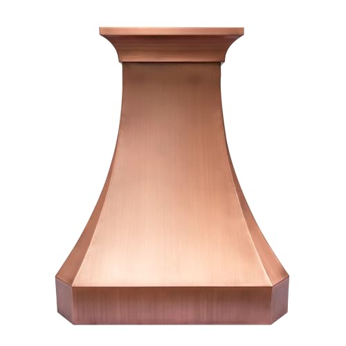 Image of SINDA Handmade Hammered Copper Vent Hood, Includes Professional Liner, Internal Motor and Lighting, Luxury Design, Easy Installation, 48 inchW x 30 inchH, Wall Mount, Medium Patina Smooth Texture, In Stock