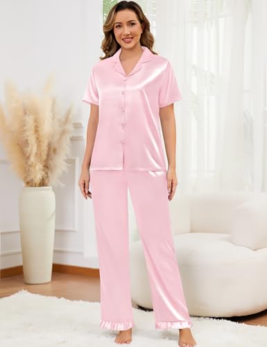 Image of SWOMOG Women Satin Pajamas Set Short Sleeve Top & Pants Sleepwear Silky Button Down Nightwear 2pcs Loungewear Pjs Set