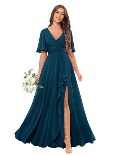 Short Sleeve Bridesmaid Dresses for Women Ruffle Chifon Formal Wedding Party Dress with Pockets