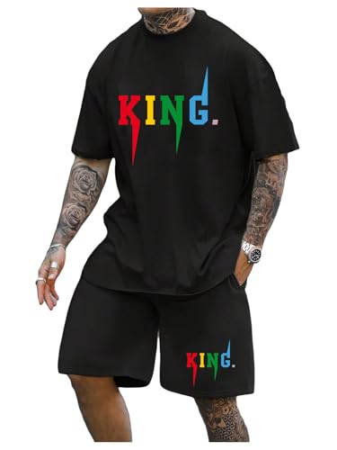 SOLY HUX Men's Letter Graphic Short Sleeve Tee and Drawstring Waist Track Shorts Set Casual 2 Piece Outfit