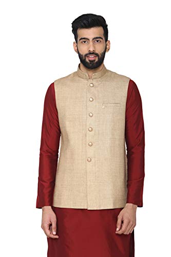 Veste Nehru Manyavar beige pour homme en taille S/36 avec col officier unique