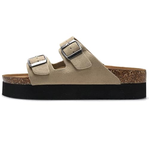 Image of Torotto Womens Slides with Cork Footbed Open Toe Adjustable Webbing Flat Sandals for Walking | Beach | Indoor