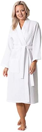 Turkish Linen Waffle Knit Lightweight Kimono Spa & Bath Robes for Women - Quick Dry - Soft (White, Large)