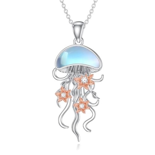 Jellyfish Necklace for Women 925 Sterling Silver Moonstone Jellyfish Pendant Necklaces Hawaiian Ocean Animal Jewelry Gifts for Daughter