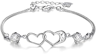 Branets Heart Bracelet with Crystal 925 Sterling Silver Adjustable Bracelet Friendship Forever Gift for Women and Girls
