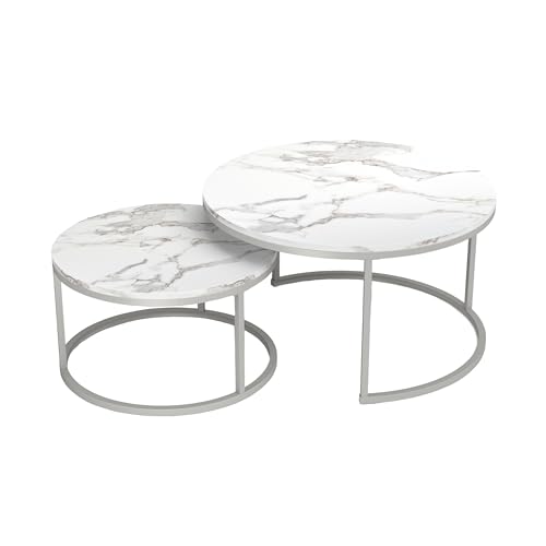 Soayone Table Basse Ronde Set de 2, Table Basse Blanche Effet marbre, Table de Salon avec Cadre argenté, Table Salon Moderne