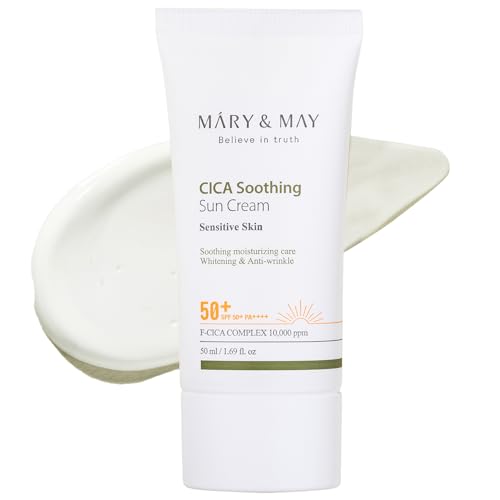 Mary&May Vegan CICA Soothing Sun Cream SPF50+ PA++++ - Protector Solar Vegano Coreano con Centella Asiática Fermentada, Niacinamida y Ácido Hialurónico de Origen Vegetal, 50ml