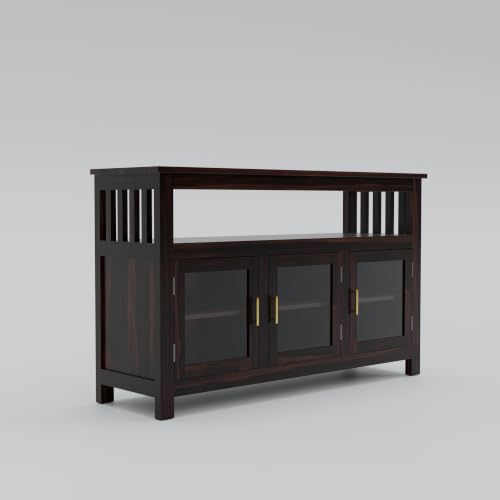 Image of Solid Sheesham Wood Sideboard for Living Room with Glass Doors | 3-Door Storage Unit & Open Display Shelf | Buffet Cabinet for Dining Room, Entryway & Hallway | Walnut Finish | 140 x 40 x 82 cm